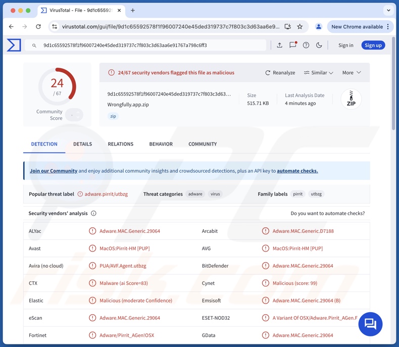 Rilevamenti di Wrongfully.app adware su VirusTotal