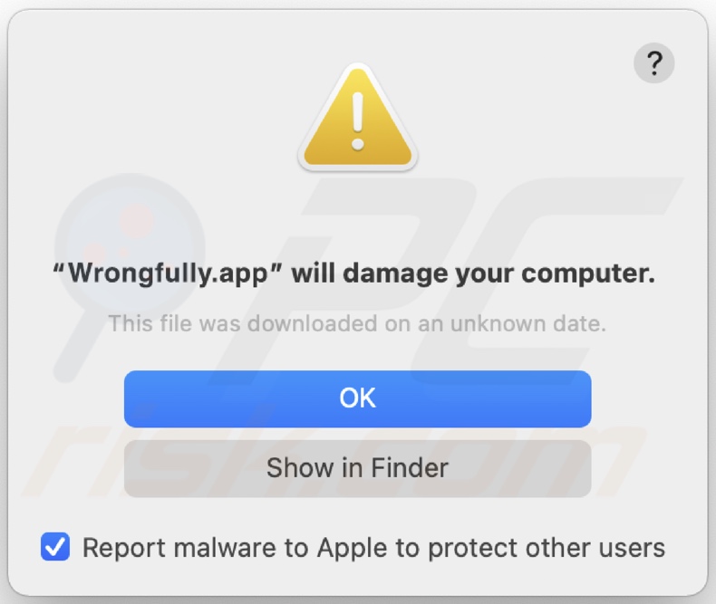 Pop-up visualizzato quando l'adware Wrongfully.app viene rilevato nel sistema