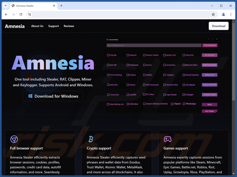 Amnesia sito web promozionale di malware