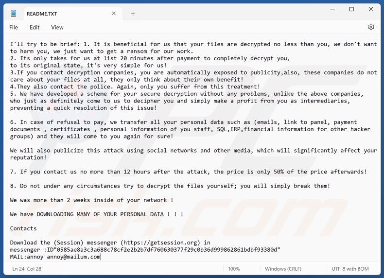 Annoy ransomware nota di riscatto (README.TXT)