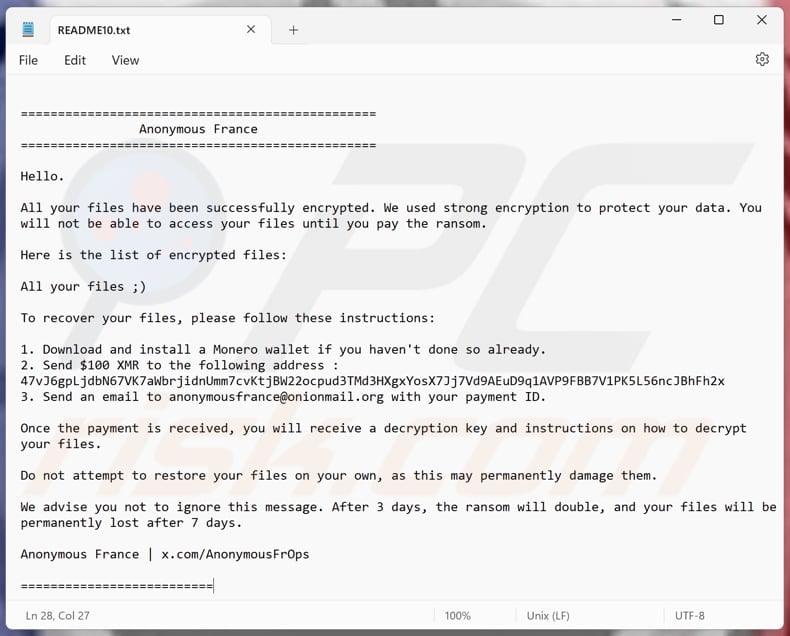 Anonymous France file di testo ransomware (README1.txt - README10.txt)