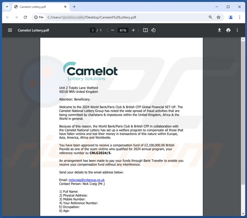 Camelot Lottery Solutions campagna di spam via e-mail