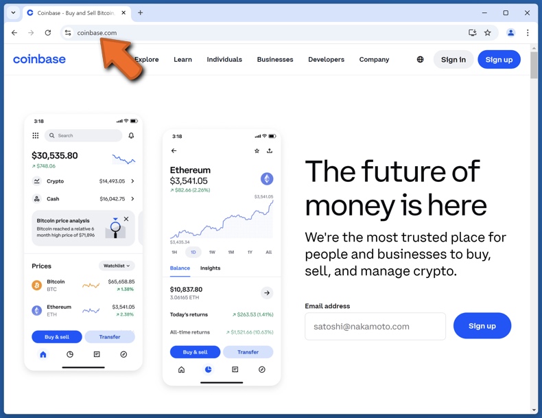 Aspetto del vero sito web di Coinbase (coinbase.com)