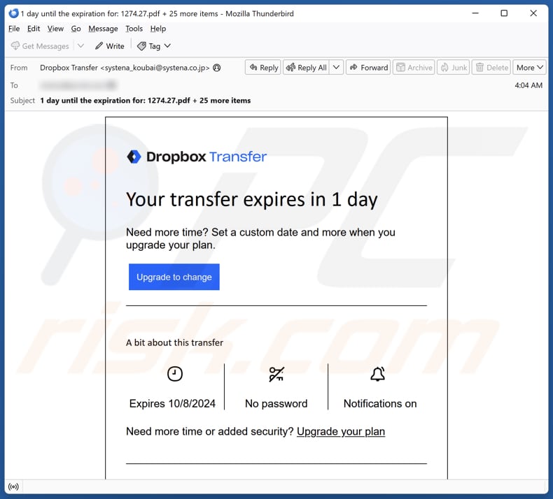 Dropbox - Your Transfer Expires campagna di spam via e-mail