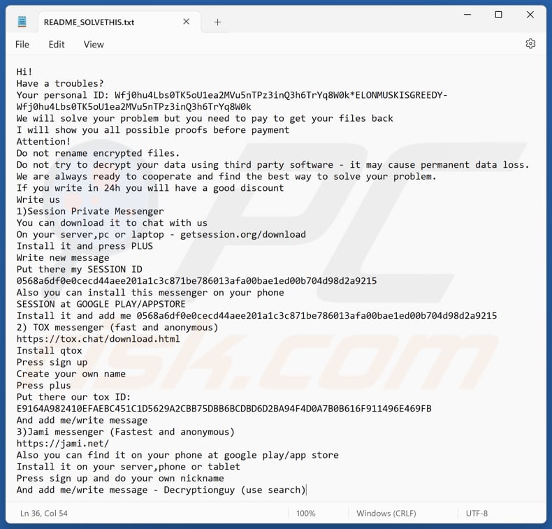 ElonMuskIsGreedy ransomware file di testo (README_SOLVETHIS.txt)