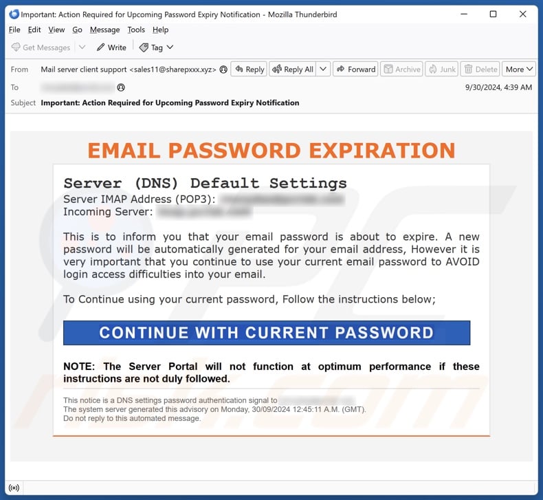 Email Password Expiration campagna di spam via e-mail