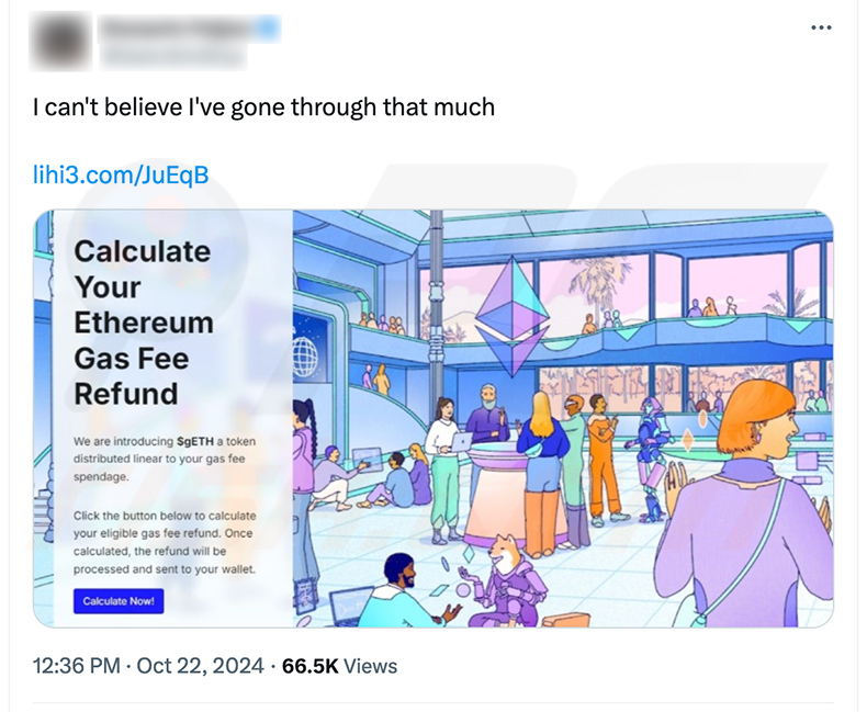 X (Twitter) post che promuove il sito web di Ethereum Gas Fee Refunds drainer (ethereum-org.dex-dd[.]com)