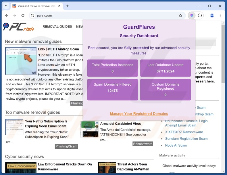 GuardFlare adware aspetto dell'estensione