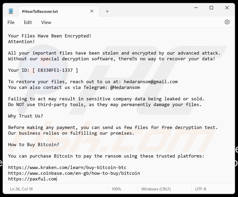 Heda ransomware file di testo (#HowToRecover.txt)