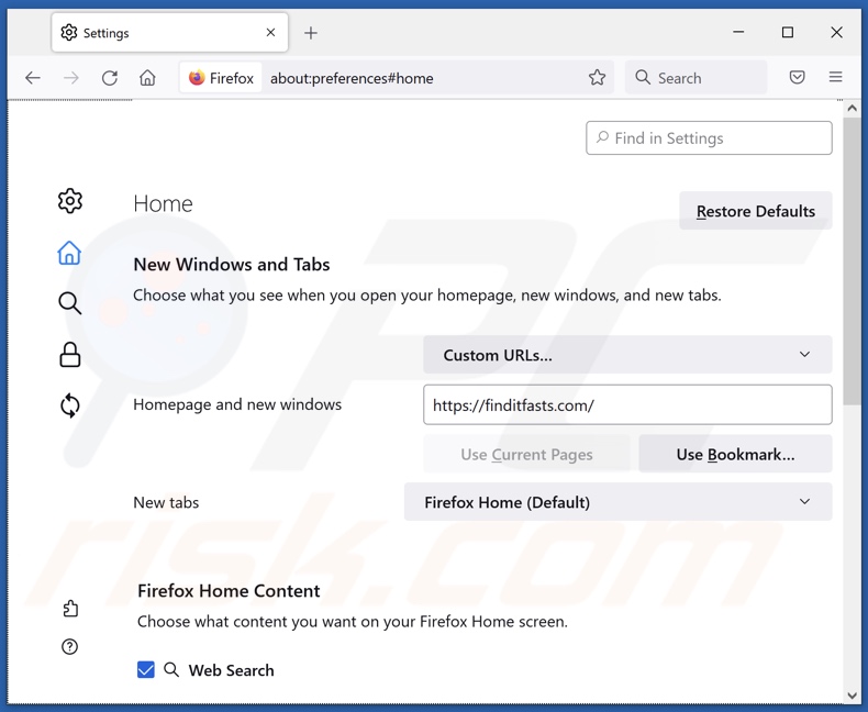 Rimozione di finditfasts.com dalla homepage di Mozilla Firefox