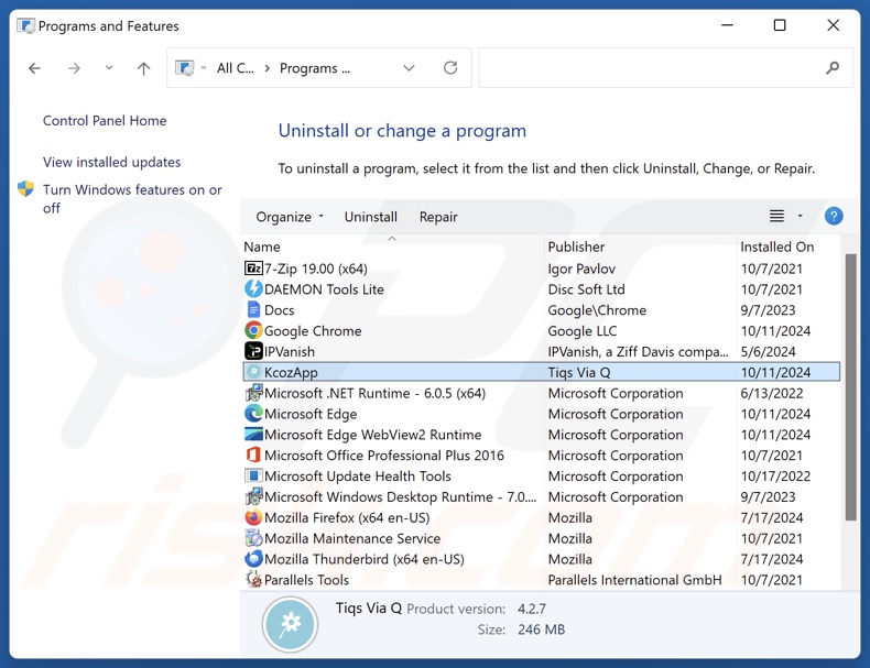 KcozApp disinstallare tramite il Pannello di controllo