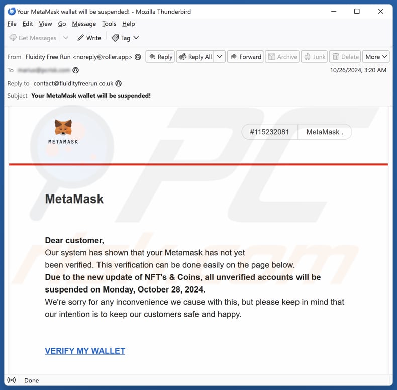 MetaMask Wallet Verification campagna di spam via e-mail