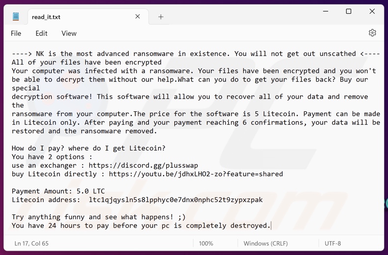 NK ransomware nota di riscatto (read_it.txt)