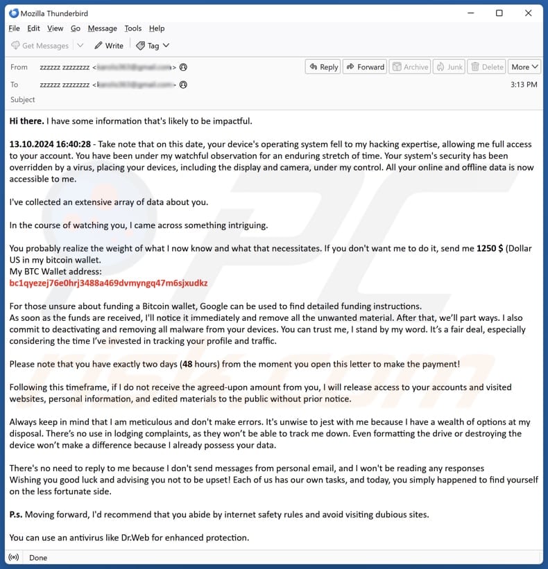 Operating System Fell To My Hacking Expertise campagna di spam via e-mail