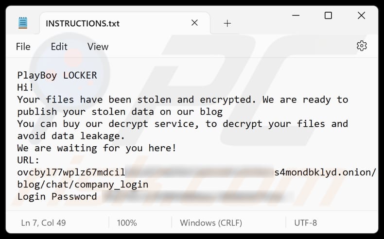 PlayBoy LOCKER file di testo ransomware (INSTRUCTIONS.txt)