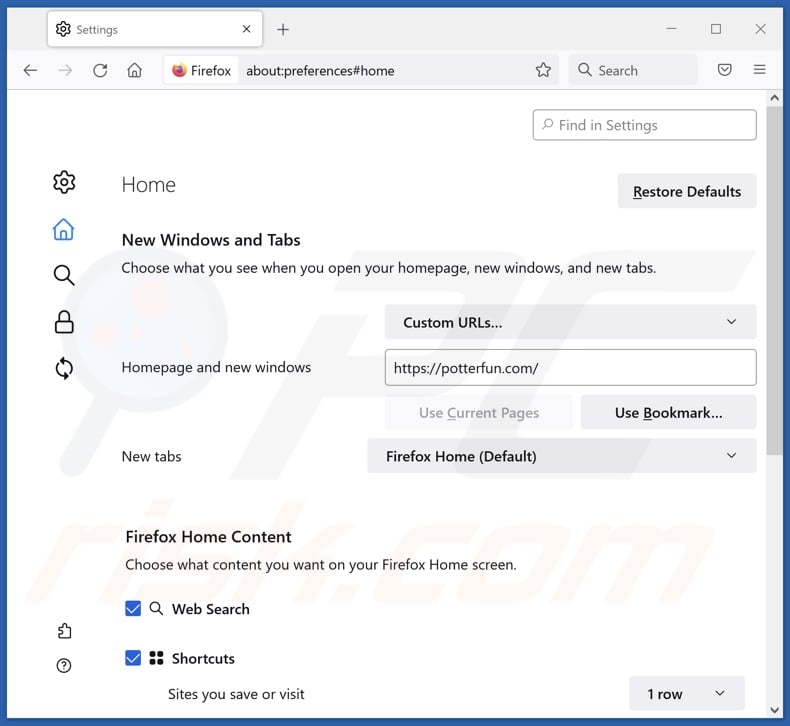 Rimozione di potterfun.com dalla homepage di Mozilla Firefox