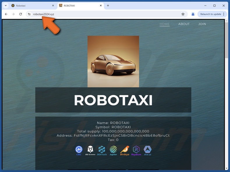 Comparsa di un sito web (robotaxi2024[.]xyz) che promuove la truffa di ROBOTAXI ($TAXI)