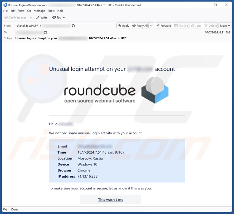 Roundcube - Unusual Login Attempt campagna di spam via e-mail