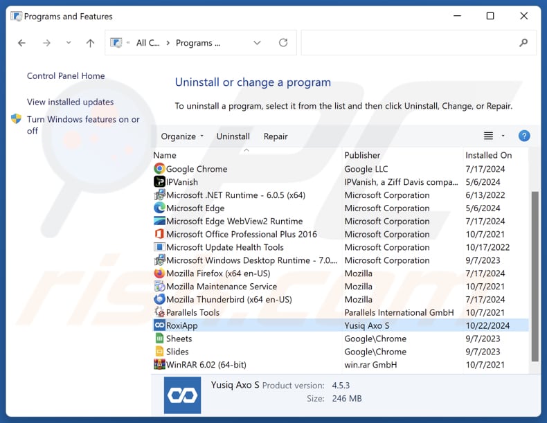 Disinstallazione di RoxiApp tramite il Pannello di controllo