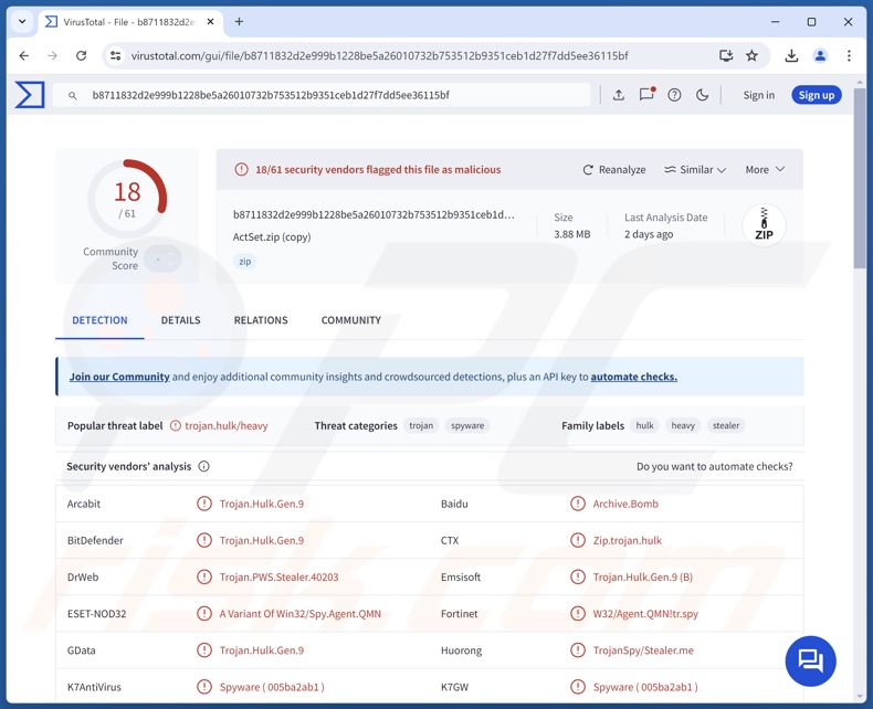 SMD69 rilevamenti di malware su VirusTotal