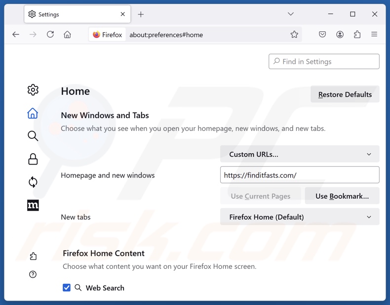 Rimozione di finditfasts.com dalla homepage di Mozilla Firefox
