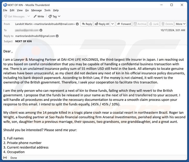 Unclaimed Insurance campagna di spam via e-mail