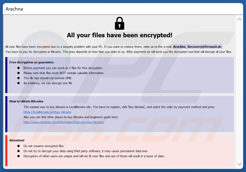 Arachna ransomware nota di riscatto in una finestra pop-up