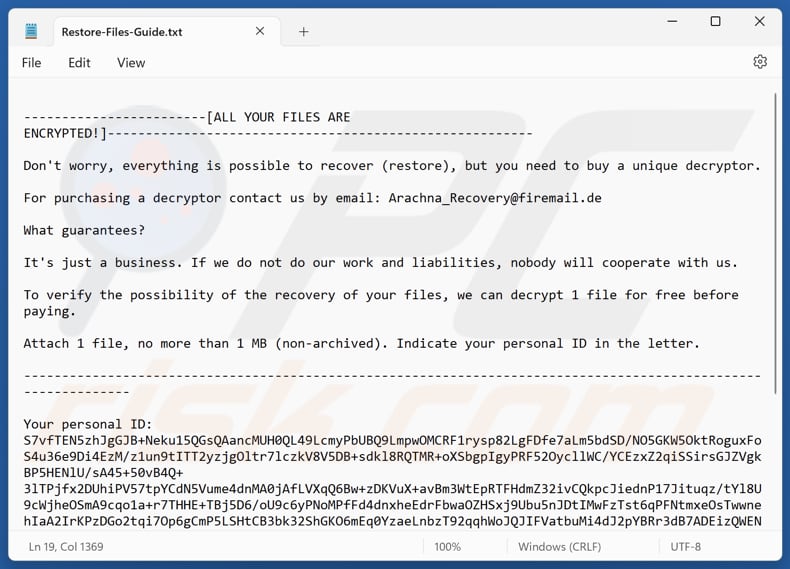 Arachna ransomware file di testo (Restore-Files-Guide.txt)