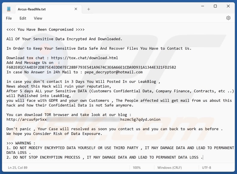 Arcus ransomware nota di riscatto seconda variante (Arcus-ReadMe.txt)