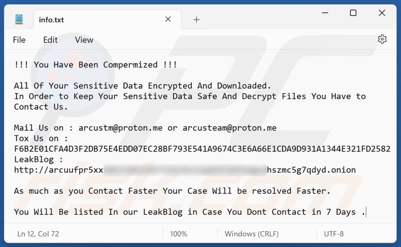 Arcus ransomware file di testo (info.txt)