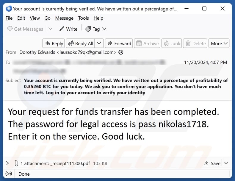 Binance Bitcoin Payout truffa che promuove le e-mail di spam