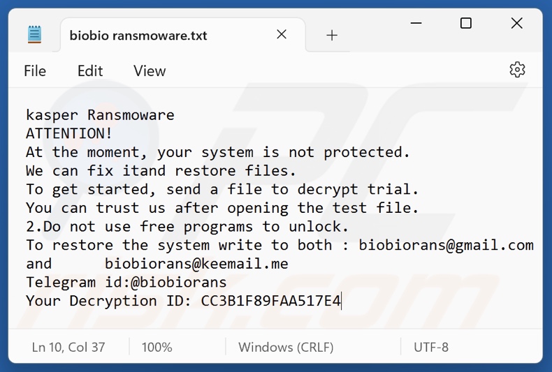 Biobio (Kasper) ransomware nota di riscatto (biobio ransmoware.txt)