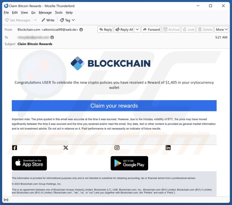 Blockchain Rewards campagna di spam via e-mail