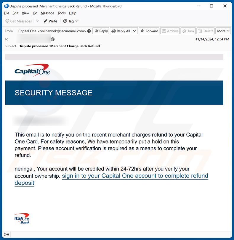 Capital One SECURITY MESSAGE email truffa (2024-11-19)