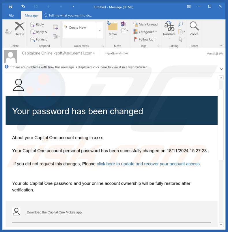 Capital One - Your Password Has Been Changed campagna di spam via e-mail