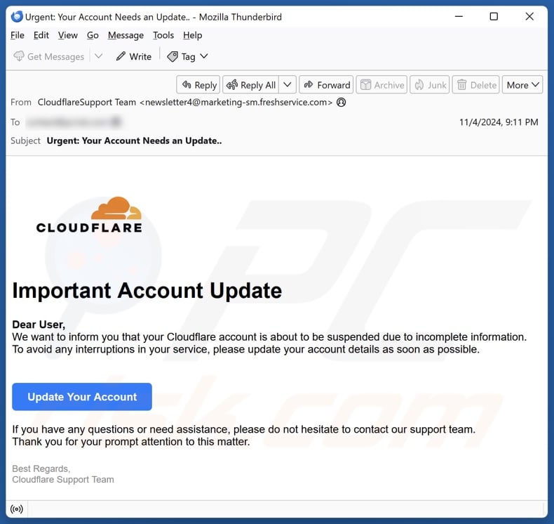 Cloudflare - Important Account Update campagna di spam via e-mail