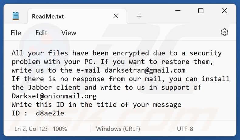 DARKSET ransomware nota di riscatto (ReadMe.txt)