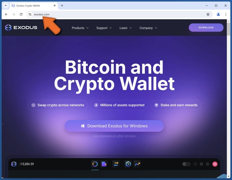 Aspetto del vero sito web di Exodus (exodus.com)