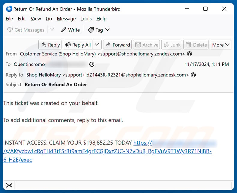 Email di spam utilizzate per promuovere questo falso sito BitPay (esempio 2)