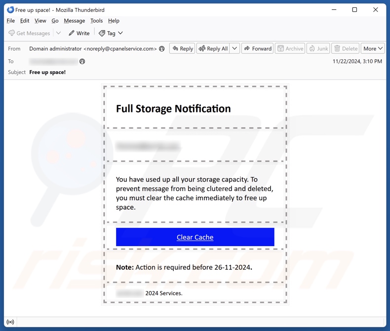 Full Storage Notification campagna di spam via e-mail