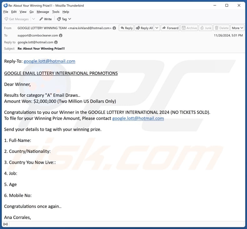 Google Email Lottery International Promotions campagna di spam via e-mail