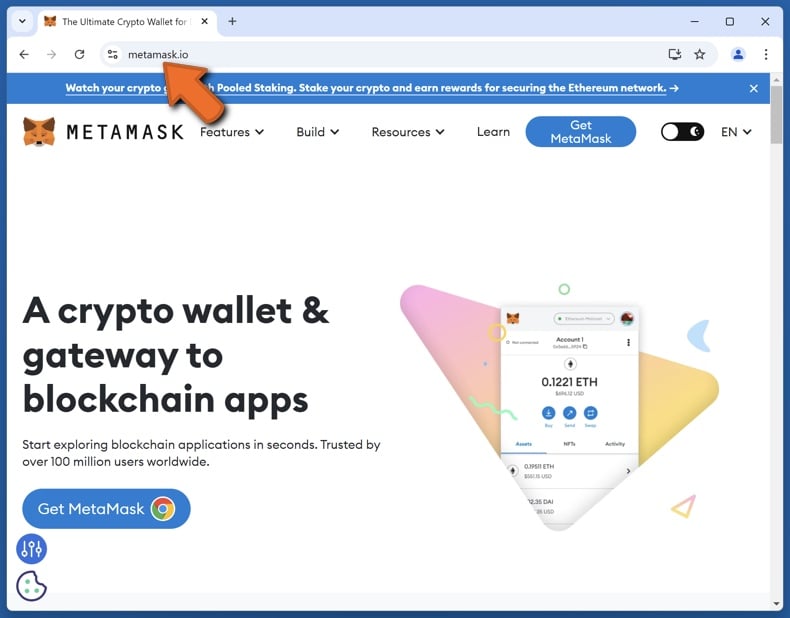 Il vero sito web di MetaMask (metamask.io)