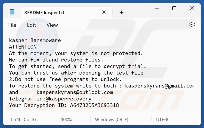 Kasper ransomware file di testo (README kasper.txt)