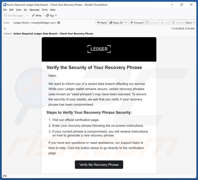 Ledger Recovery Phrase Verification campagna di spam via e-mail