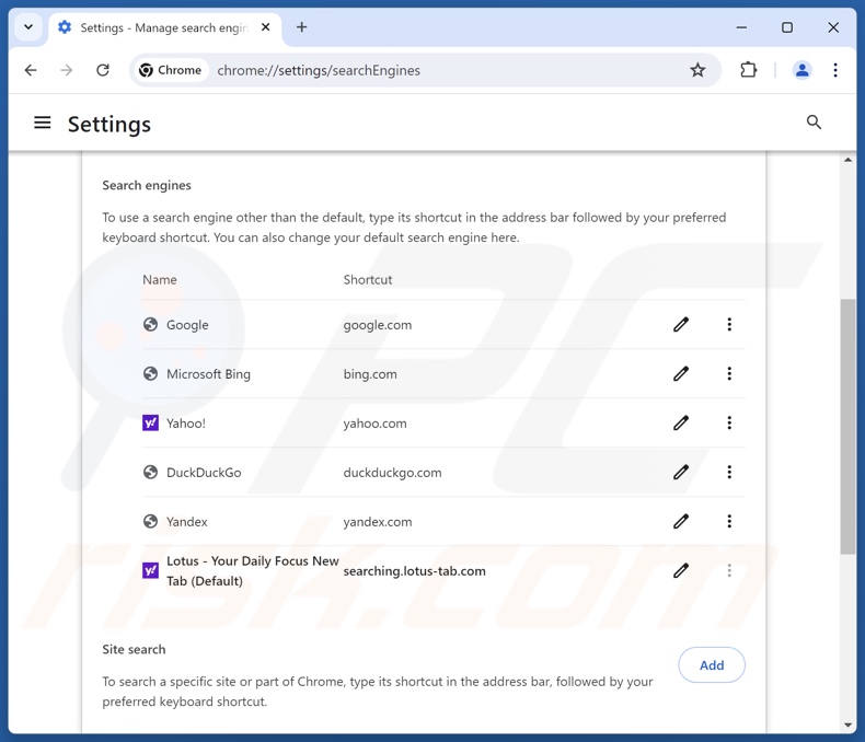 Rimozione di lotus-tab.com dal motore di ricerca predefinito di Google Chrome