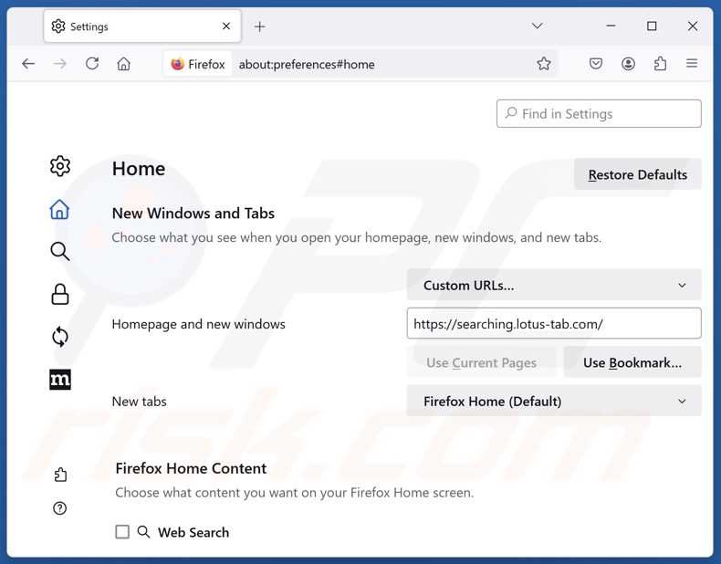 Rimozione di lotus-tab.com dalla homepage di Mozilla Firefox