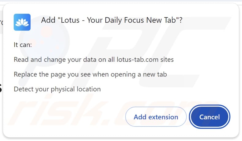 Lotus - Your Daily Focus New Tab dirottatore del browser che chiede autorizzazioni