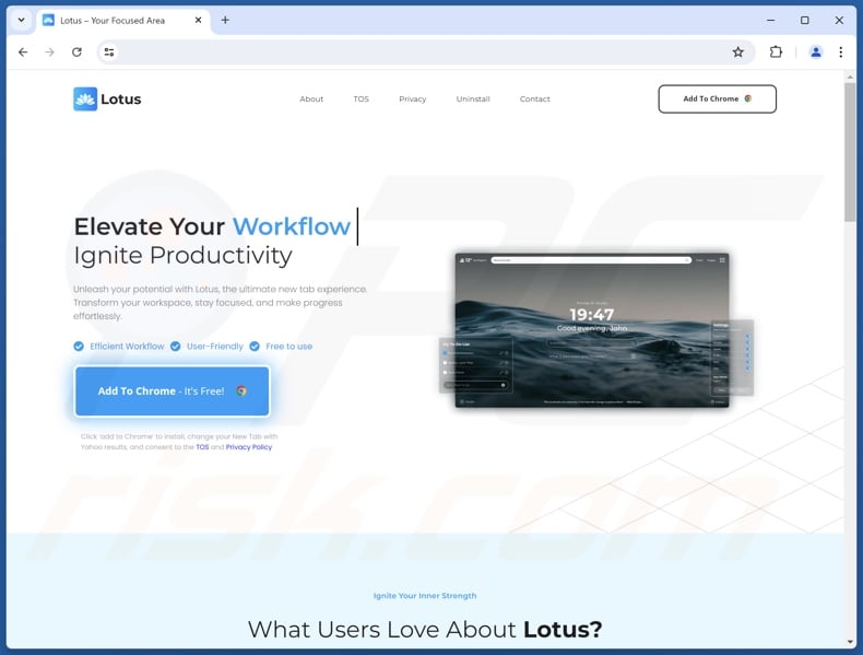 Sito web utilizzato per promuovere Lotus - Your Daily Focus New Tab browser hijacker