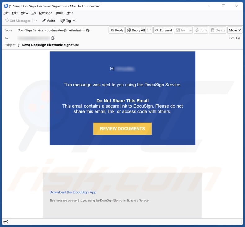 Message Sent Using DocuSign Service campagna di spam via e-mail