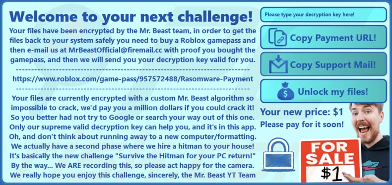 MrBeast messaggio pop-up del ransomware